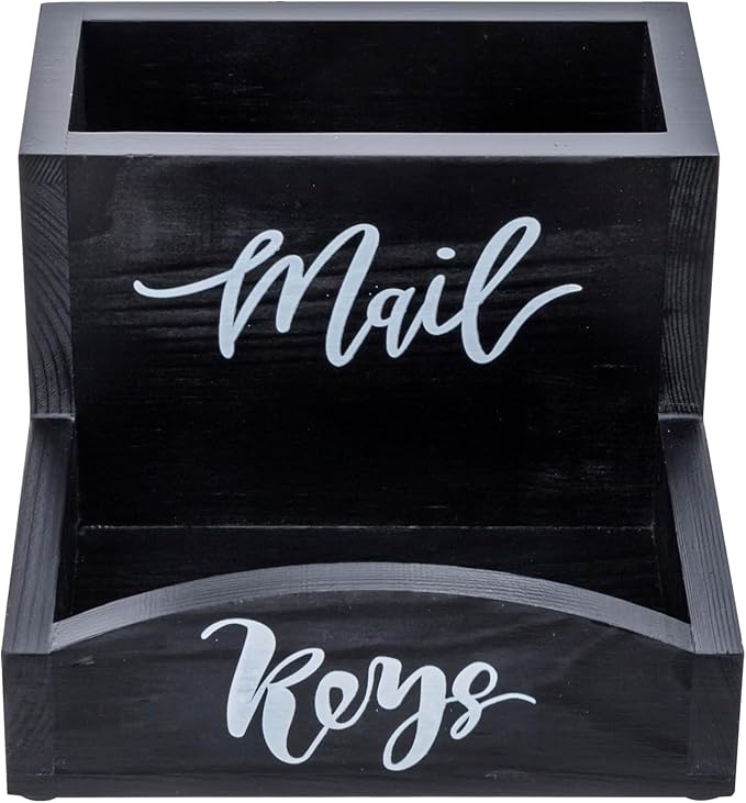 MyGift Urban Modern Mail Holder and Key Organizer Tray in Black Stained Solid Wood Finish, Entryway Storage Catchall with Cursive Mail and Keys Word Design, Office Desktop Organizing Bin
