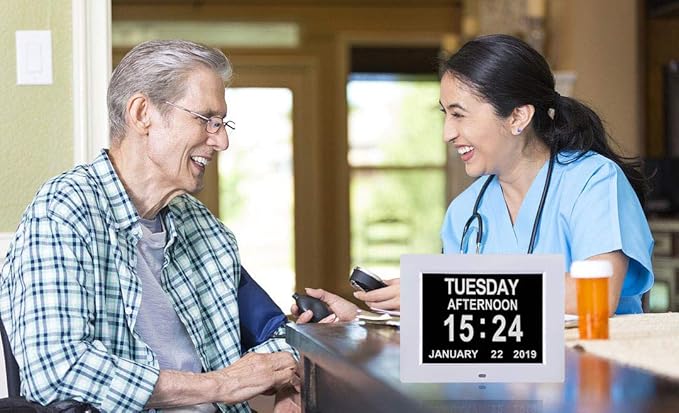 TMC 8 Inch Dementia Clock for Seniors - Medication Reminders, 12 Custom Alarms, Auto-Dimming Large Display Digital Calendar with Multi-Language Support USB Photo & Video Playback, Wall or Desk Mount