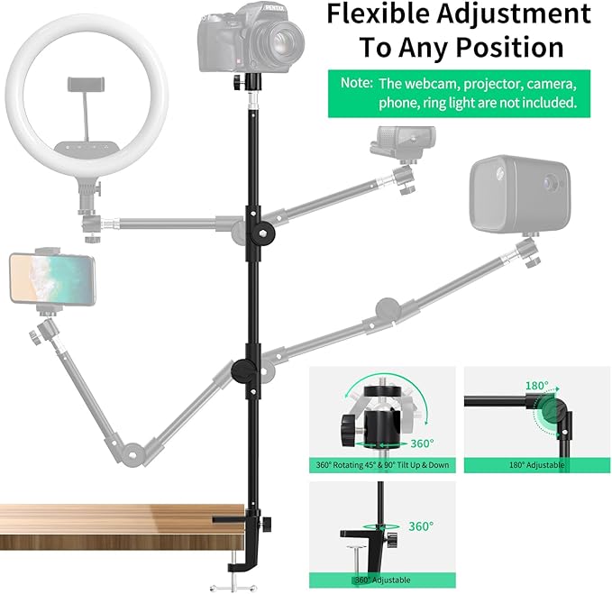 Webcam Stand Camera Mount with Phone Holder & 5/8" Screw, 22in Flexible Projector Stand Gooseneck Desk Mic for Logitech C922 C930e C920 C615 C960 Brio 4K, GoPro, Blue Yeti Snowball Ice