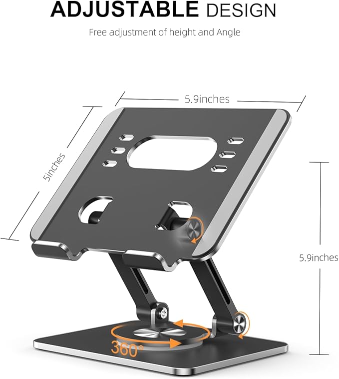 Tablet Stand Holder with Thickened 360°Rotating Base Dual Rod Adjustable Aluminum Stand for All 5.8-12.9” iPad Samsung Phone Tablet Kindle E-Reader and More, Black