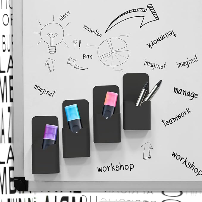 MoKo Magnetic Dry Erase Marker Holder, [4 Pack] Pen/Pencil/Magnets/Dry Erase Marker Storage Organizer for Home Refrigerator, Office Glass Whiteboard, Locker and Other Magnetic Surfaces, Black