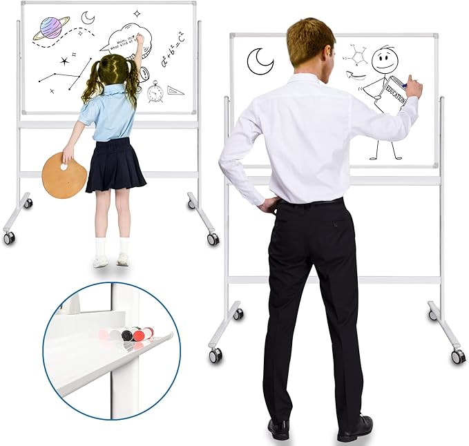 Adjustable Magnetic Mobile Dry Erase Board -48 x 32 Inches Whiteboard Stand with Easel, Lockable Rolling Stand - Double-Sided 80 ×120CM White