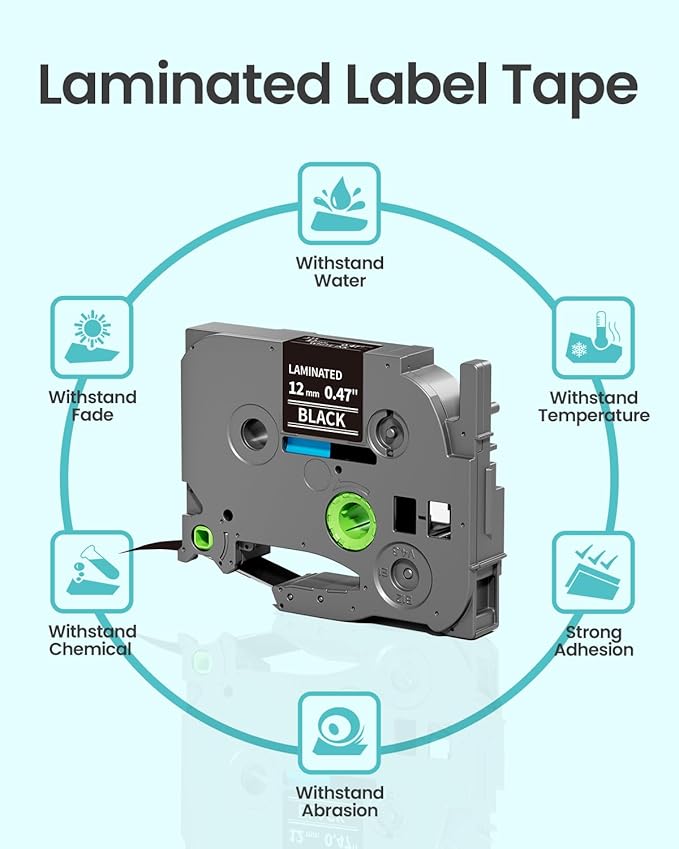 6-Pack Label Maker Tape 12mm 0.47" Black Tze-335 Replacement for Brother P Touch Label Tape TZe335 TZ-335, Compatible with Brother Ptouch PT-D210 PT-H110 PT-D220 PT-D400, White on Black