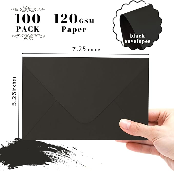 A7 Black Envelopes 100 Pack, Goefun V Flap Invitation Envelopes for 5x7 Greeting Cards, Graduation, Birthday, 5.25 x 7.25 in, 120GSM