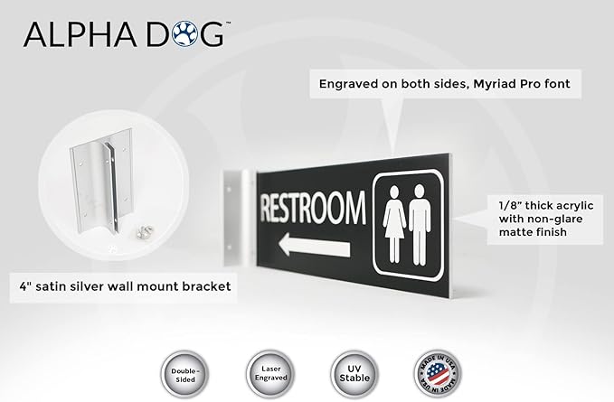 ALPHA DOG SIGNS Corridor Projecting Hallway Bathroom Sign, Left Arrow, 4"x12" Double Sided, Indoor/Outdoor, Easy Install, Durable Business Wayfinding Plaque, USA-Made (Black)