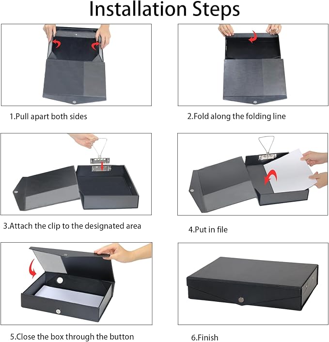 URbantin 6 Pack Foldable Plastic Box Files A4 with Metal Clip,65mm Spine,Document Archive Folders for Office（Black）
