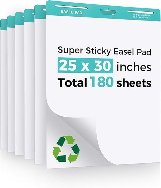 FAHKNS Sticky Easel Pad，Large 25x30 Inch Self-Adhesive Teacher'S Flip Chart Paper, Easel Pad with Dry Erase Surface for Classroom/Office, White, 30 Sheets/Pad, 6 Pads/Pack