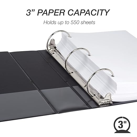 Samsill 3 Inch 3 Ring Binder, Made in USA, Economy Round Ring, Clear View Cover, 550 Sheet Capacity - for School, Home, Office - Charcoal Black