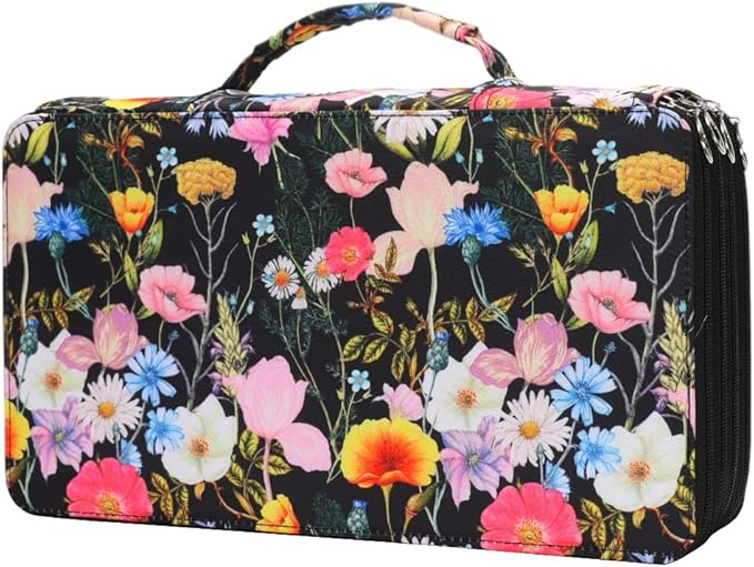 Large Capacity Black Flower Pencil Holder with Zipper Closure Twill Fabric Pencil Case for 300 Colored Pencils or 200 Gel Pens