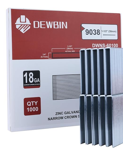 DEWBIN 18 Gauge Narrow Crown Staples, 1000 Cts 1-1/2-Inch 18GA Heavy Duty Galvanized Upholstery Staples for Electric or Pneumatic Narrow Crown Stapler Guns