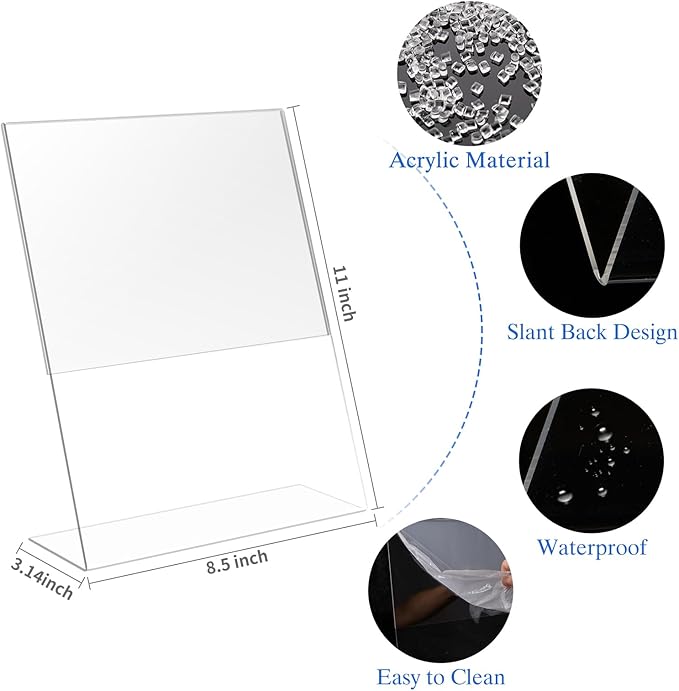 WAEFNO 18 Pack Acrylic Sign Display Stand 8.5 X 11, L Shape Clear Plastic Sign Frame, Picture Photo Frame, Flyer Document Paper Holder for Office Desktop