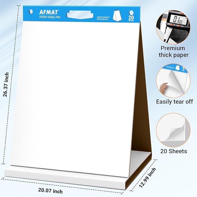 AFMAT Tabletop Sticky Easel Pad & Dry Erase Board 2 in 1, 20 x 23 in Portable Easel Stands for Teachers, Super Sticky & Bleed-Resistant, Ideal for Meetings/Training/Presentation, 20 Sheets/Pad, 8 Pads