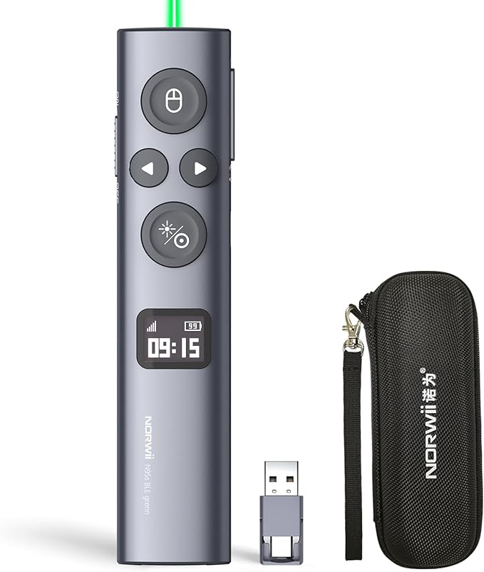 Norwii N95s BLE Presentation Clicker with Digital Pointer for PowerPoint Presentation on TV Screen and Projection Screen, Wireless Presenter Remote with Countdown Timer (Green Light-USB-AC)