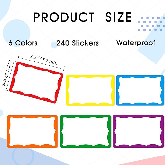 Yeachlaing 6 Classic Colors Name Tag Stickers,240PCS Waterproof Stickers Name Tags 3 1/2 X 2 1/4 Name Labels for Office,Meeting,School and Home