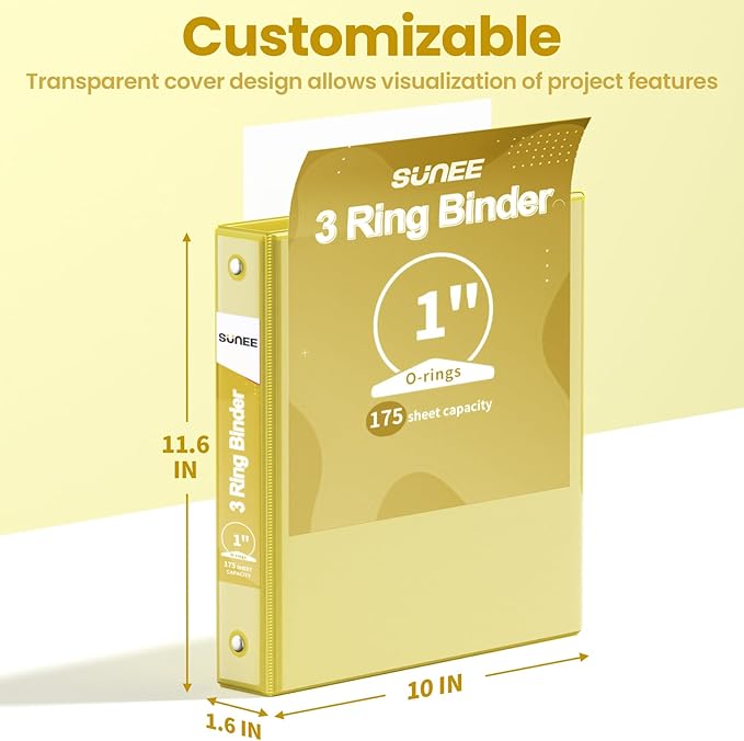 SUNEE 3 Ring Binder 1 Inch 1 Pack, Clear View Binder Three Ring PVC-Free (Fit 8.5x11 Inches) for School or Office Supplies, Yellow
