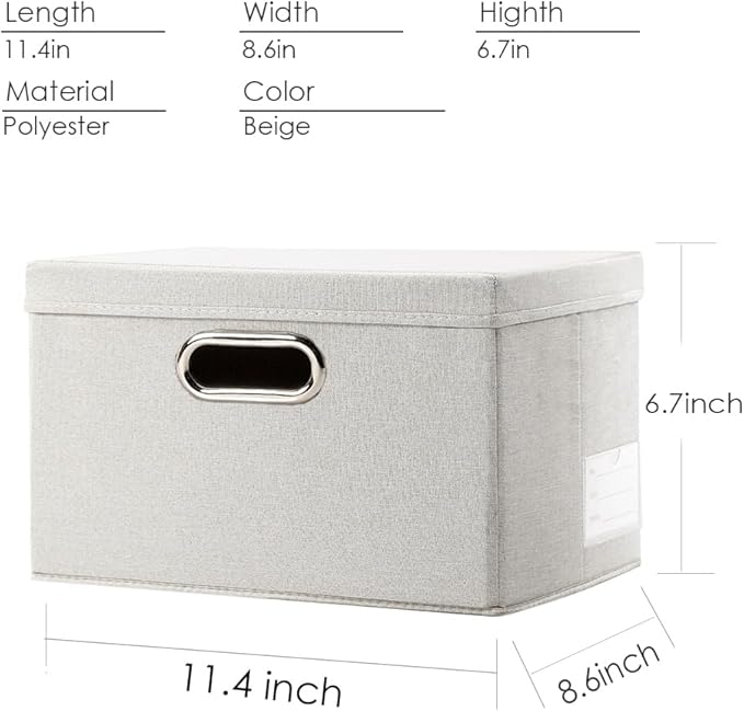 PRANDOM Storage Bins with Lids [3-Pack] Linen Fabric Foldable Storage Boxes Organizer Containers Baskets Cube with Cover for Bedroom Closet Office Beige（11.4X8.6X6.7