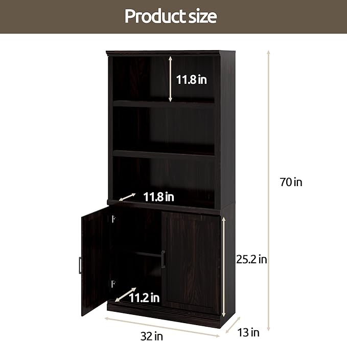 Bevfint 70 Inch Tall Bookcase with Doors, Library Office Bookshelf with Adjustable Shelves, Floor Standing Book Cabinet Shelves for Living Room Bedroom with Anti Tipping Kit, Dark Cherry Finish