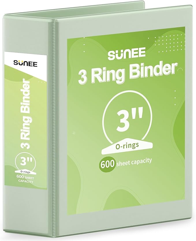 SUNEE 3 Ring Binder 3 Inch 1 Pack, Clear View Binder Three Ring PVC-Free (Fit 8.5x11 Inches) for School or Office Supplies, Sage Green