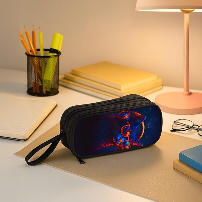 HiMagics Children's Boys Pencil Case, Large Zippered Pencil Bag with Two Compartments Girls Pen Pouch for School Cool Cat Pencil Bag, Black
