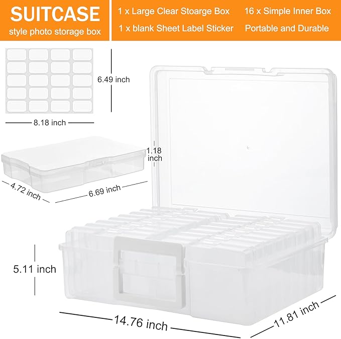ALINK Photo Storage Box with Handle, 4" x 6" Photo Case Craft Keeper Organizer Container with 16 Inner Case and Label for Pictures, Arts, Crafts, Sewing, Stickers, Office Supplies - Clear