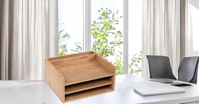 DDYURI 3 Tier Desktop Letter Tray for Office Desk Organizer and Accessories - Wood File Folder Holder for Paper Document Organizer Mail Sorter Workspace Counter Storage Book Shelf Light WJJ3K-LT