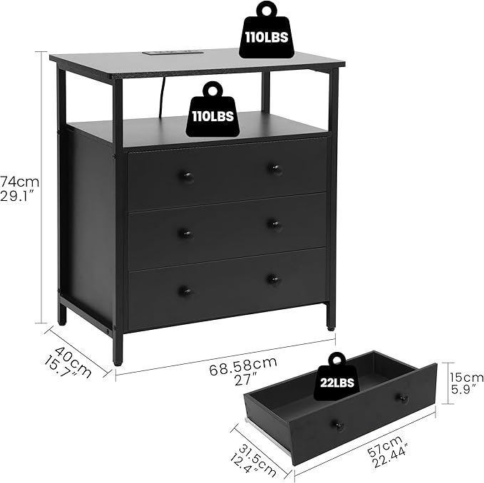 Edbuosy 3 Wooden Drawers Night Stand, 27 Inch Wide Nightstand with Charging Station and Adjustable Drawers, Small Dresser for Closet, Bedside Table for Living Room/Bedroom/Office