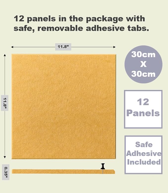 DECORITA Felt Wall Tiles | Large Cork Board Alternative | Aesthetic Felt Bulletin Board for Office, Home & Classroom | Large Cork Boards for Walls Pinboard (12-Pack) | Mustard