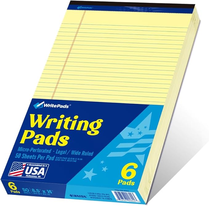 WritePads Legal Pad 8.5"x14" Note Pad,Wide Ruled Writing Pad,Canary Paper,6 Pack,50 Sheets Per Pad,Micro perforated Notepad,Made in the USA