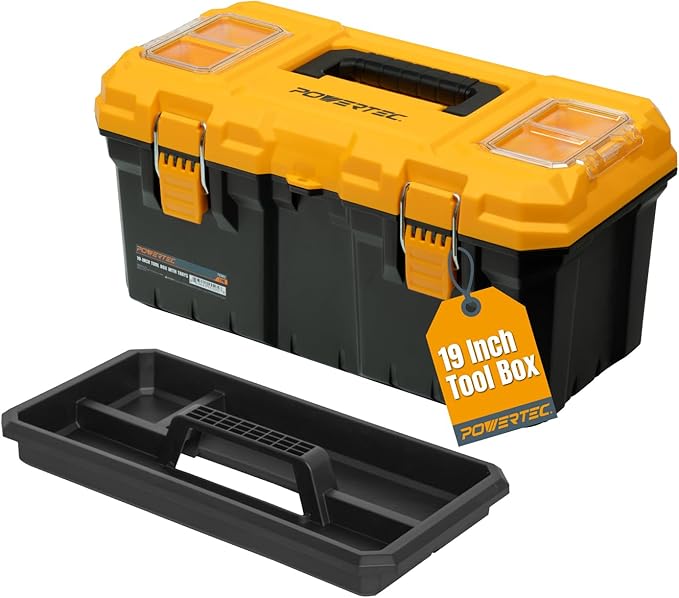 POWERTEC 19-Inch Tool Box with Trays - Lockable, Metal Latch, Organizer, Portable Storage for Tools, Small or Mid-Sized Parts (72362)