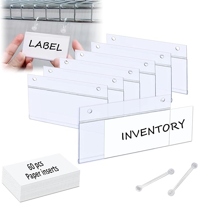 ChanQnTon Plastic Shelf Labels,3.94 * 1.57inch 60pcs Label Holders with 120pcs Snap Lock Hanging Loops and 60pcs Matched Paper Inserts for Wire Basket,Price Tags,Shelf Tags for Wire Shelving