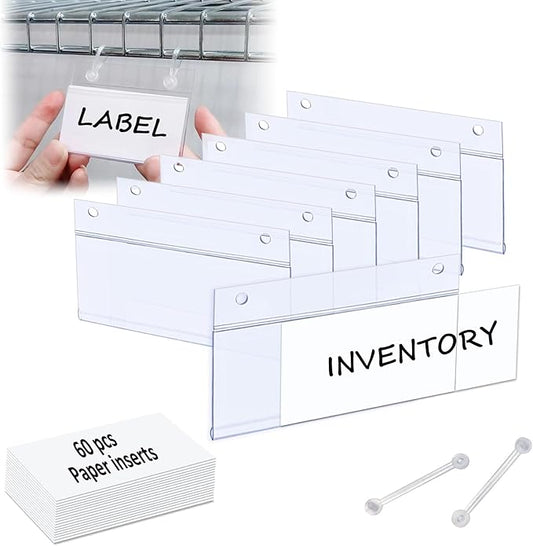 ChanQnTon Plastic Shelf Labels,3.94 * 1.57inch 60pcs Label Holders with 120pcs Snap Lock Hanging Loops and 60pcs Matched Paper Inserts for Wire Basket,Price Tags,Shelf Tags for Wire Shelving