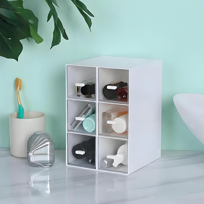 OSteed Desktop Drawers, Desk Organizer with 6 Drawers, Stackable Plastic Storage Box for Home Collection, Cosmetics, Jewelry, Office Supplies (2 Tall Layers, White)