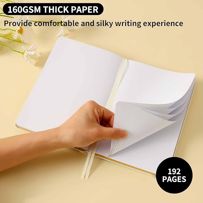 Crein Lynh Dot Grid Journal with 160GSM Thick Paper, 192 Pages, A5 Dotted Notebook for Work, School, Travel | 180° Lay Flat, Foil Stamped Cover, Elastic Band, 2 Bookmarks & Inner Pocket (White)