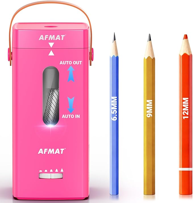 AFMAT Electric Pencil Sharpener, Fully Automatic Pencil Sharpener, Auto in & Out, Rechargeable Hands-Free Sharpeners for Jumbo & Colored Pencils (6.5-12mm), Portable for Home/Classroom/Office PSC6