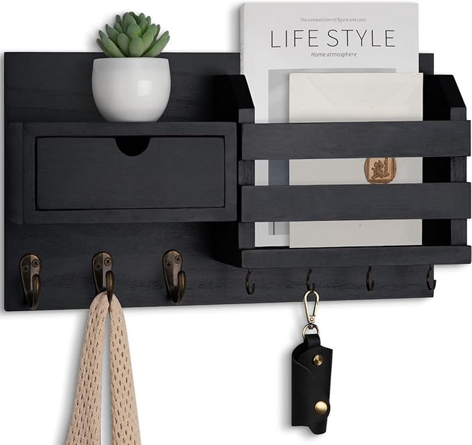 Lwenki Wall Mount Key Holder with Mail Organizer, 100% Paulownia Wood, 7 Metal Hooks, Storage Drawer, Entryway Home Decor (Black)