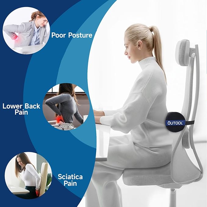QUTOOL Lumbar Roll, Lumbar Support Pillow for Office Chair with Non-Slip Wider Strap, Back Pain Relief & Posture Improvement, Washable Cover, Office Desk & Car Accessories, Black, Firm