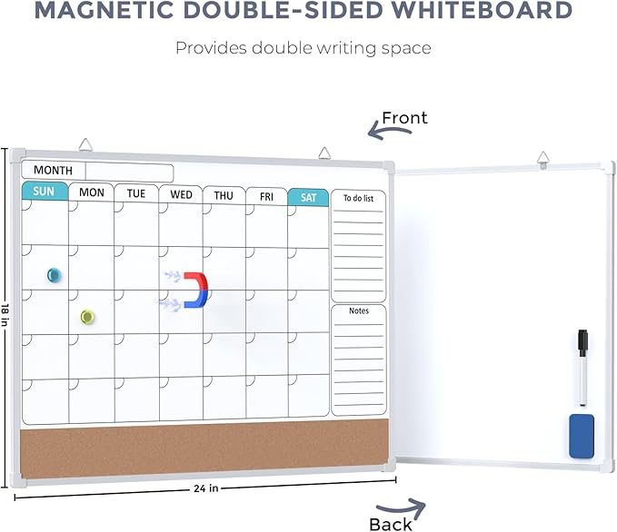 MaxGear Monthly Calendar Whiteboard Dry Erase Cork Board for Wall, 24"x18" Double-Sided Dry Erase White Board Calendar with Bulletin Board, Hanging Dry Erase Board for Office, Home, School