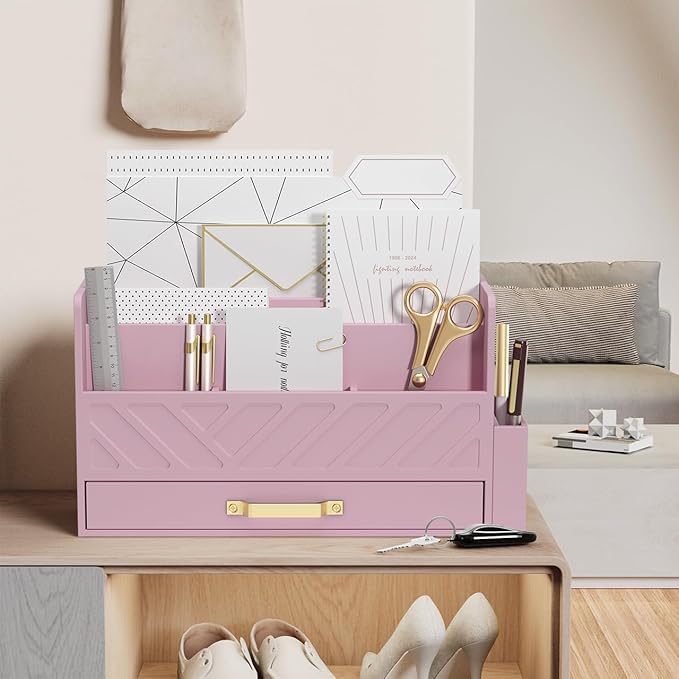 WISUCART Bamboo Desk Organizer Mail Holder Countertop Wood Desk Drawer Tabletop Storage Box Pen Holder Letter Sorter Makeup Organizer for School Home Office Supplies with Pen Holder Pink