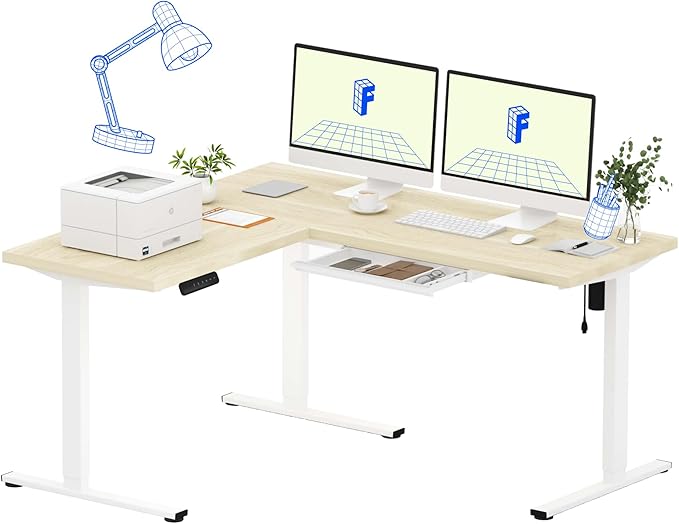 FLEXISPOT L Shaped Standing Desk, 63 x 55 Inch Electric Height Adjustable Corner Desk, Sit Stand Computer Workstation, Preset Controller, Home Office, White Frame with Maple Top, White Drawer