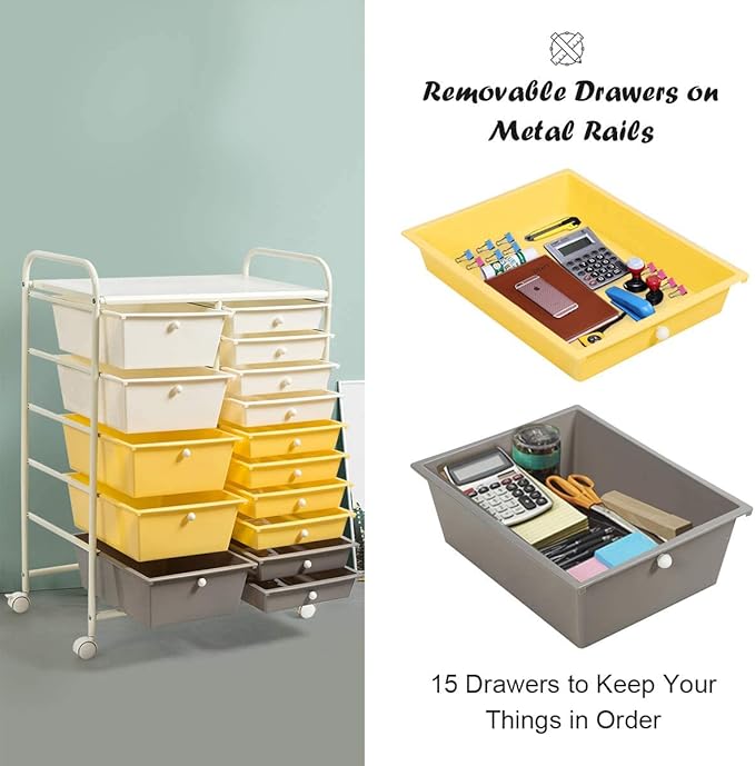 LDAILY 15 Drawer Rolling Storage Cart, Rolling Cart with Drawers for Classroom, Art Supply Craft Organizer on Wheel with Metal Frame & Handles for Home Office School