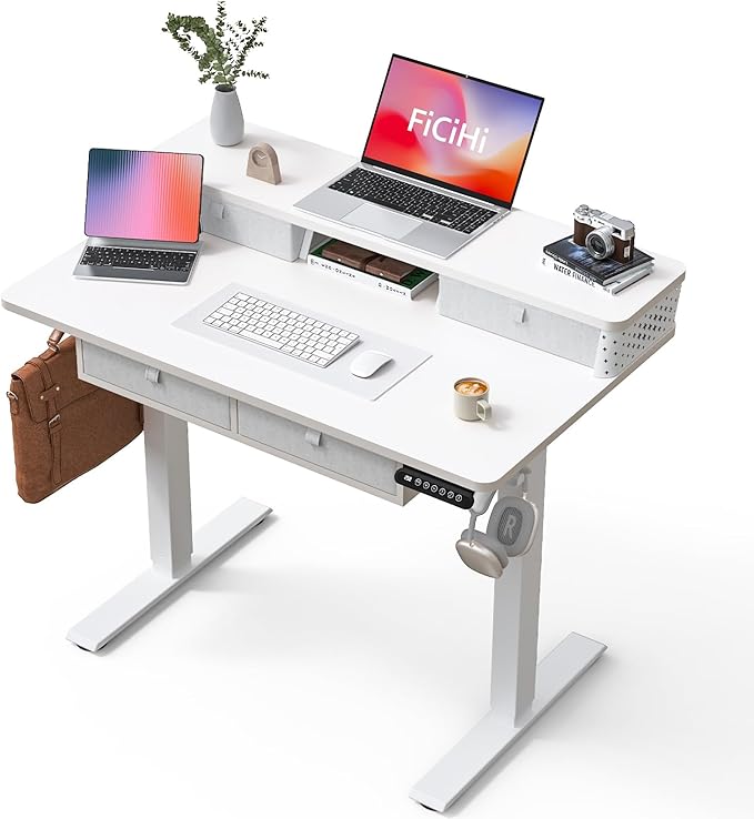 FiCiHi Electric Standing Desk with Four Drawers, Adjustable Height Sit Stand Desk, C-Clamp Compatible Home Office Desk with Storage Shelf & Monitor Stand Riser, 40 x 24 Inch, White