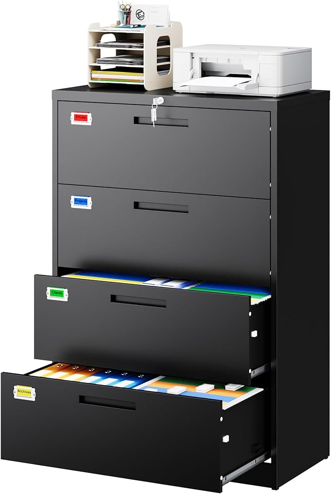 PEUKC 4 Drawer File Cabinet, Lateral Filing Cabinets for Home Office, Office Storage Drawers with Lock, Hanging Files Legal/Letter A4 Size (Assemble Required,Black)