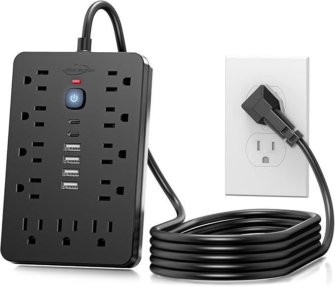 JouleLoom 15 FT Flat Plug Surge Protector Power Strip,11 Multiple AC Outlets with 6 USB Ports (2 USB C), 15 Feet Extension Cord, 1250W/10A, One Touch Switch Button, 17 in 1 Compact powerstrip