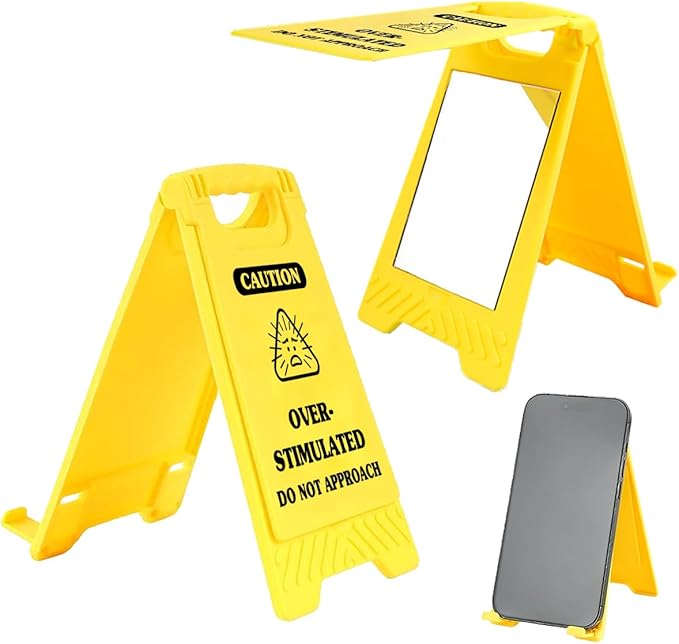 Funny Office Desk Accessories,Office Cubicle Decor Gift for Coworker HR Home Workspace Phone Holder Mirror Acrylic Table Signs,Work Humor Stress Relief Caution Desk Decor (Caution Overstimulated)