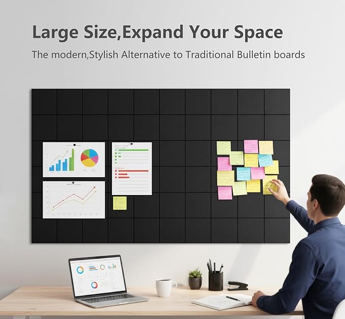 G Gamit Large Felt Wall Tiles Bulletin Board,Large Cork Board Alternative with 30 Pushpins,8-Pack Felt Pin Board with 56 Safe Removable Adhesive Tabs for Home Office School (Black)