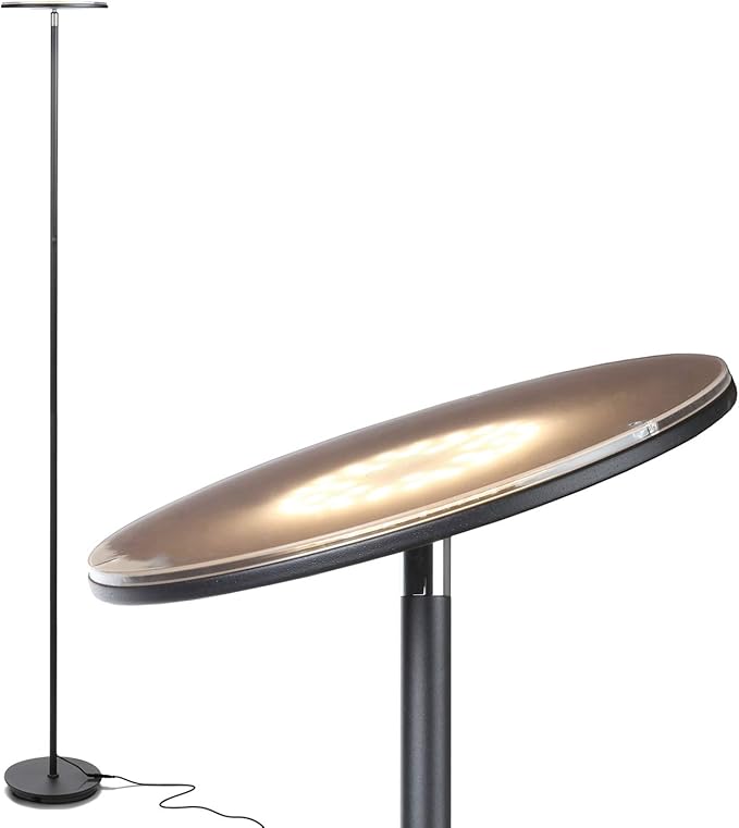 Brightech Sky LED Floor lamp, Torchiere Super Bright Floor Lamp for Living Room Decor & Office - Dimmable, Tall Standing Torch Lamp with Warm Light for Bedroom & Reading - Black