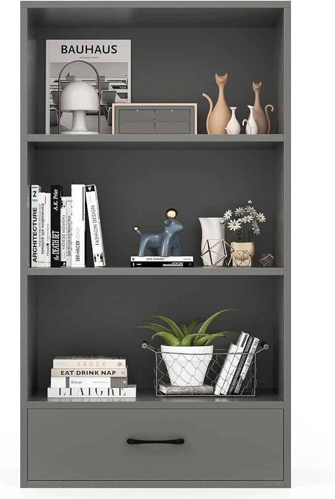 LOKO 4-Tier Bookcase with Storage Drawer, Modern Organizer Display Storage Shelves with Anti-toppling Device, Freestanding Bookshelf with 3 Open Shelves & 1 Drawer, Living Room, Study, Office (Grey)