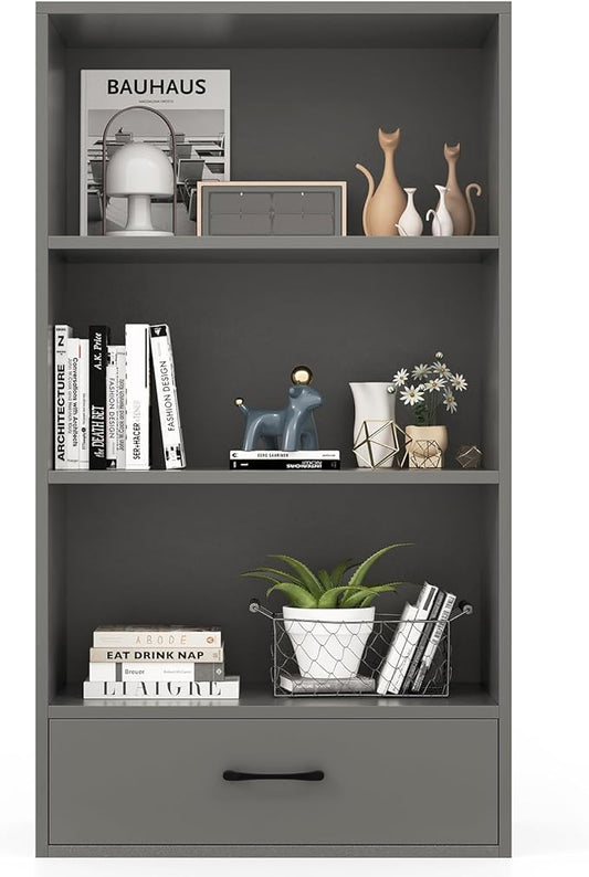 LOKO 4-Tier Bookcase with Storage Drawer, Modern Organizer Display Storage Shelves with Anti-toppling Device, Freestanding Bookshelf with 3 Open Shelves & 1 Drawer, Living Room, Study, Office (Grey)