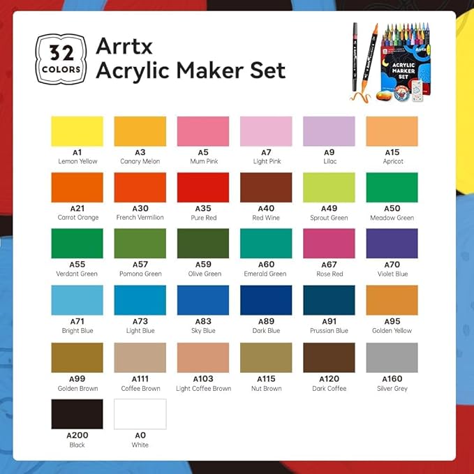 Arrtx Acrylic Pens Paint Markers 32 Colors, Dual Tip Acrylic Paint Markers with Brush Tip and Fine Tip, Art Supplies for Rock Painting, Wood, Ceramic, Fabric, Glass, DIY Crafts