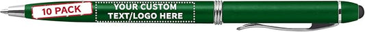 DISCOUNT PROMOS Custom Twist Action Plastic Stylus Pens, Set of 10, Personalized Bulk Pack - Pens for Work, Cool Pens for Writing, Black Ink - Green